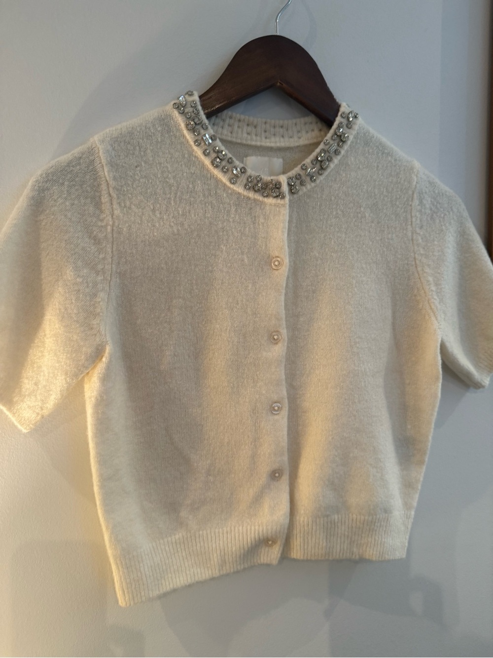 H&M Cream Bejeweled Short-Sleeve Cardigan